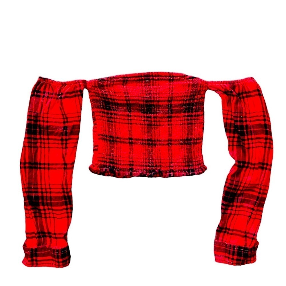 2/$15 Garage Red Black Plaid Cropped Shoulderless Top XS